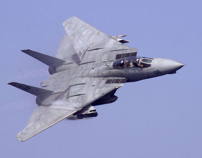 An F-14 Tomcat flying with its wings swept back