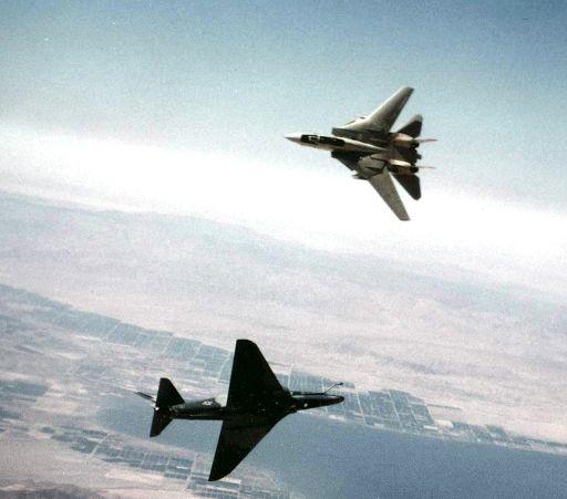 An F-14 Tomcat and A-4 Skyhawk dogfighting in TOPGUN