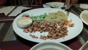 Chicken, rice, and salad plate at Lebanese restaurant in Guangzhou, China